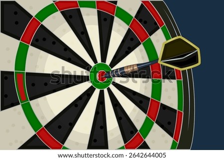 Dart board on blue background. Dartboard with darts in board center. Competitive play for friendly company. Game or leisure hobby concept. Stock vector illustration
