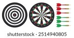 Dart board set. Red and green darts pack. Set for sports game, accuracy competition, tournament. Achievement and success, challenge. Flat vector collection isolated on white background