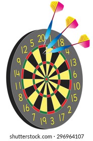 A dart board with three colorful darts