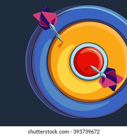 Dart board with two darts stuck on in the center ring one in the second ring red yellow & blue
