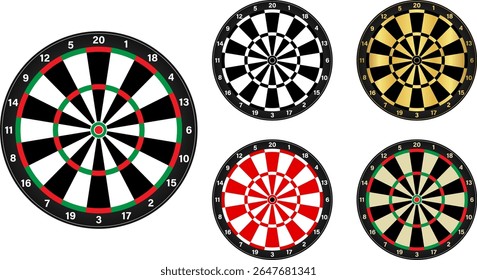 Dart boards in green and red, black and white, black and gold, red and white, original retro colour template