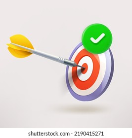 Dart In A Bulls Eye Icon With Checkmark. 3d Vector Icon