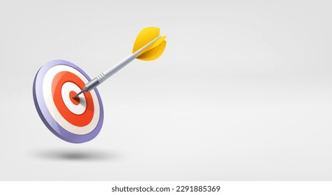 Dart in a bullseye. 3d vector banner with copy space