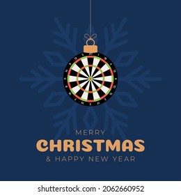 dart Christmas card. Merry Christmas sport greeting card. Hang on a thread dartboard as a xmas ball and golden bauble on black background. Sport Vector illustration.