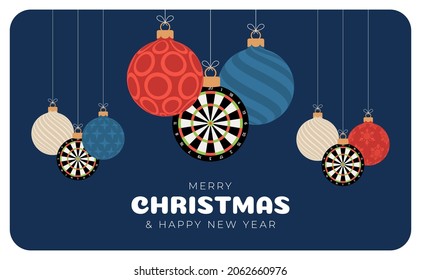 dart Christmas card. Merry Christmas sport greeting card. Hang on a thread dartboard as a xmas ball and golden bauble on black background. Sport Vector illustration.