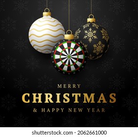 dart Christmas card. Merry Christmas sport greeting card. Hang on a thread dartboard as a xmas ball and golden bauble on black background. Sport Vector illustration.