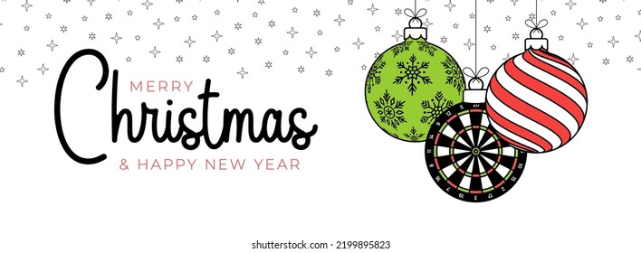 dart christmas greeting card in trendy line style. Merry Christmas and Happy New Year outline cartoon Sports banner. dartboard as a xmas ball on white background. Vector illustration..