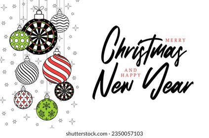 dart christmas greeting card in trendy line style. Merry Christmas and Happy New Year outline cartoon Sports banner. dartboard as a xmas ball on white background. Vector illustration..