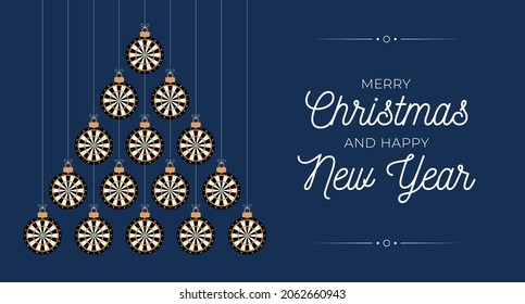Dart Christmas and new year greeting card bauble tree. Creative Xmas tree made by dartboard on black background for Christmas and New Year celebration. Sport greeting card