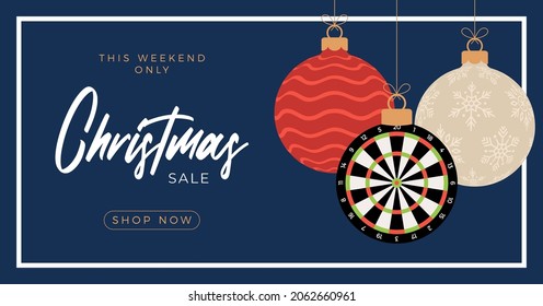 dart Christmas sale card. Merry Christmas sport greeting card. Hang on a thread dartboard as a xmas ball and bauble on horizontal background. Sport Vector illustration.