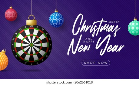 dart Christmas sale card. Merry Christmas sport greeting card. Hang on a thread dartboard as a xmas ball and bauble on horizontal background. Sport Vector illustration.