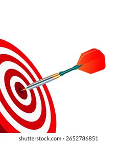 Dart Embutido no Centro de Dartboard com Círculos Concêntricos Vermelhos e Brancos, Eixo Metálico, Ponta Dourada e Voo Azul no Plano de Fundo Branco para Alvo, Esportes e Jogos