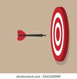 Dart Flying into Target Flat Style. Sports and hobby activity competition. Business strategy and aiming for achievement and success vector art