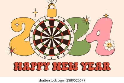 dart Groovy Happy New Year 2024 with ball. Sports groovy greeting card with sport ball. Vector illustration.