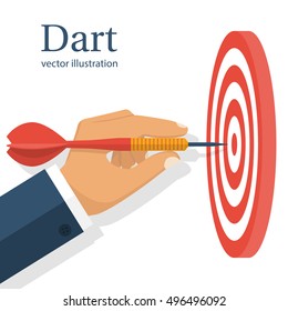 Dart in hand. Vector illustration flat design. Isolated on white background. Throwing dart. Accurate throw. Achieving the goal. Concept of success.