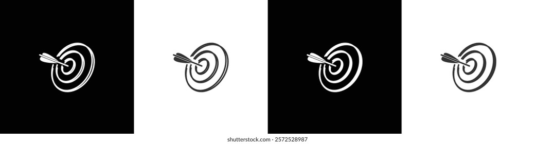 Dart hit to center of dartboard. Business success, investment goal. Target vector illustration in black white and transparent background. Eps10