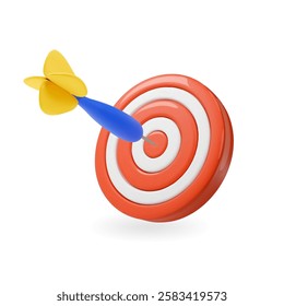 Dart hit on center of target, Dart arrow 3d realistic icon, target achievement, success business goal symbol. Vector illustration