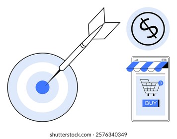 A dart hits the bullseye symbolizing achieving goals. Nearby are icons of currency and an online shopping cart with a buy button. Ideal for online sales, target market, financial success, e-commerce