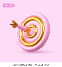 Dart hitting the bullseye. Represents business and financial targets, success goals, and target achievement. 3D vector icon minimalist cartoon style.