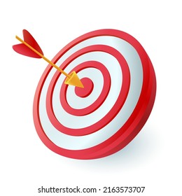 Dart hitting center of target 3D icon. Arrow hitting aim or bullseye 3D vector illustration on white background. Goal, success, achievement, marketing strategy concept