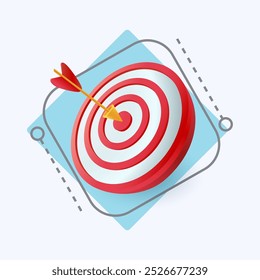 El dardo golpea el centro del icono 3D objetivo. Flecha que golpea la puntería o la Ilustración vectorial 3D Bullseye en el fondo blanco. Objetivo, éxito, logro, concepto de estrategia de marketing