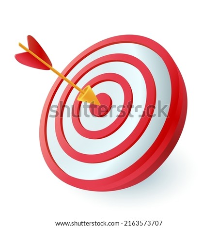Dart hitting center of target 3D icon. Arrow hitting aim or bullseye 3D vector illustration on white background. Goal, success, achievement, marketing strategy concept