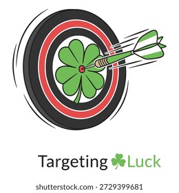 O dardo atinge o centro do trevo de quatro folhas no dardo. Alvo de trevo verde. Ilustração do conceito da competição desportiva da sorte.