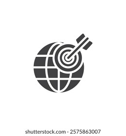 A dart hitting a globe vector icon. filled flat sign for mobile concept and web design. Diplomacy Goals glyph icon. Achieving global objectives symbol, logo illustration. Vector graphics