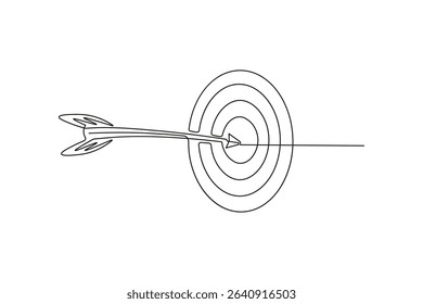 A dart hitting a target in continuous one line drawing style. Minimalist line art illustration of archery or darts concept representing focus and precision