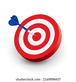 Dart hitting the target isolated on white background. 3D realistic vector illustration