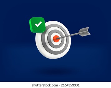 Dart ia the centr of aim with checkmark icon. 3d vector illustration
