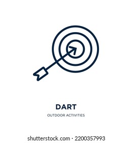 dart icon from outdoor activities collection. Thin linear dart, target, game outline icon isolated on white background. Line vector dart sign, symbol for web and mobile