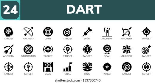 dart icon set. 24 filled dart icons.  Collection Of - Target, Archery, Dart, Dartboard, Goal, Makibishi, Frog