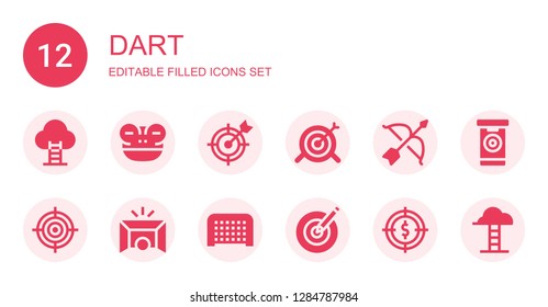 dart icon set. Collection of 12 filled dart icons included Goal, Frog, Target, Archery, Dartboard, Darts, Goals