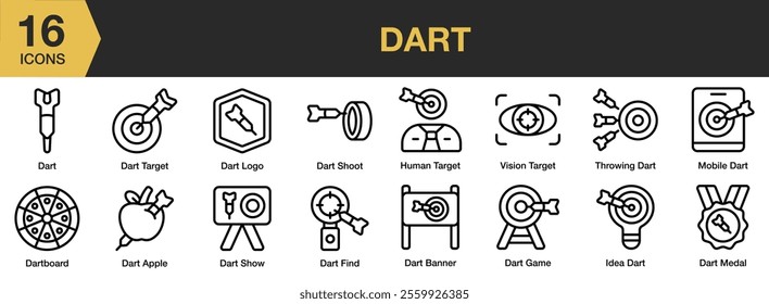 Dart icon set. Includes target, dart, arrow, goal, accuracy, game, and More. Outline icons vector collection.