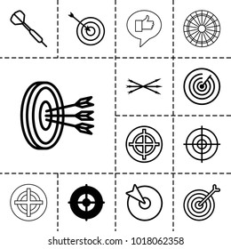 Dart icons. set of 13 editable outline dart icons such as target, dart, arrows in target, arrow bow