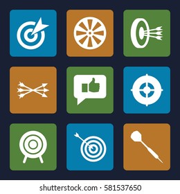 dart icons set. Set of 9 dart filled icons such as target, dart, arrow bow, thumb up