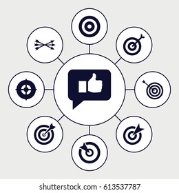Dart icons set. set of 9 dart filled icons such as target, arrow bow