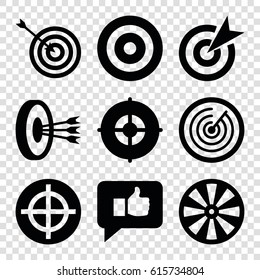 Dart icons set. set of 9 dart filled icons such as target, thumb up, arrows in target