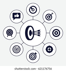 Dart icons set. set of 9 dart filled icons such as target, thumb up