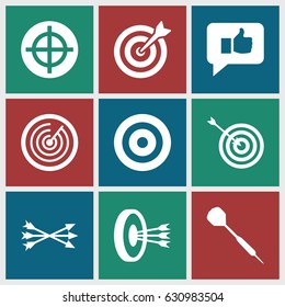 Dart icons set. set of 9 dart filled icons such as target, dart, arrow bow, thumb up