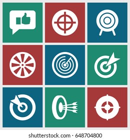 Dart icons set. set of 9 dart filled icons such as target, thumb up, arrows in target