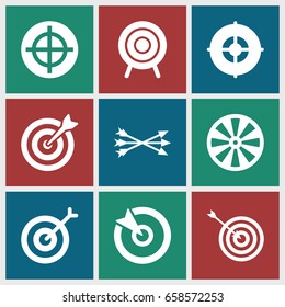 Dart icons set. set of 9 dart filled icons such as target, arrow bow