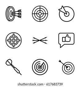 Dart icons set. set of 9 dart outline icons such as target, arrow bow, dart, arrows in target