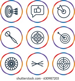 Dart icons set. set of 9 dart outline icons such as target, arrow bow, dart, arrows in target