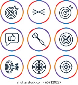 Dart icons set. set of 9 dart outline icons such as target, arrow bow, dart, arrows in target