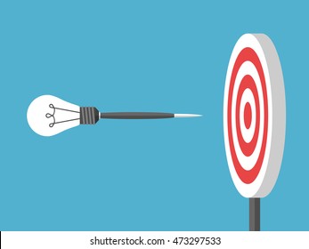 Dart with lightbulb flying to target on blue background. Goal, innovation and creativity concept. Flat design. Vector illustration. EPS 8, no transparency