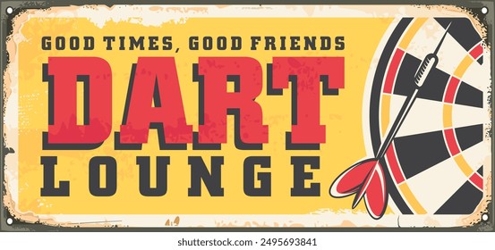 Dart lounge vintage tin sign design template. Dartboard and darts vector graphic illustration.