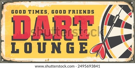 Dart lounge vintage tin sign design template. Dartboard and darts vector graphic illustration.