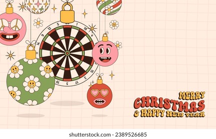 dart Merry Christmas and Happy New Year groovy Sports greeting card. Hanging ball as a groovy Christmas ball on vibrant background. Vector illustration..